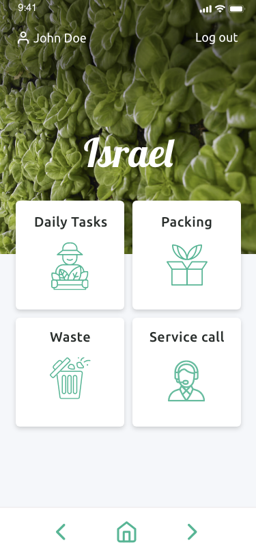 2023 home screen: a lettuce photo header and four equal tiles for Daily Tasks, Packing, Waste and Service call.