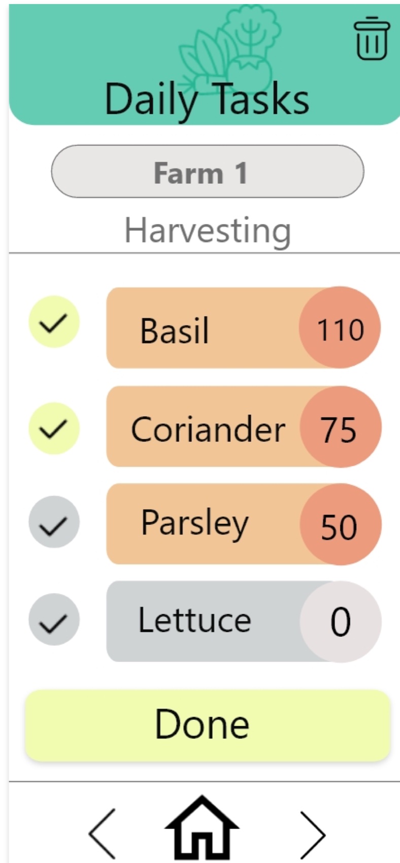 Client wireframe of harvesting: Farm 1, four crop rows with amounts in circles and a Done button.